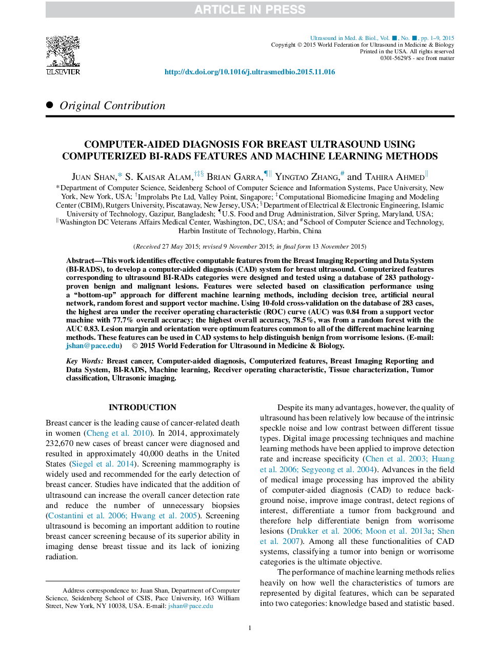 Computer-Aided Diagnosis for Breast Ultrasound Using Computerized BI-RADS Features and Machine Learning Methods