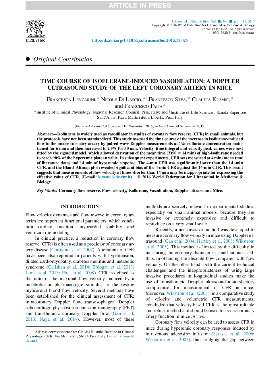 Time Course of Isoflurane-Induced Vasodilation: A Doppler Ultrasound Study of the Left Coronary Artery in Mice