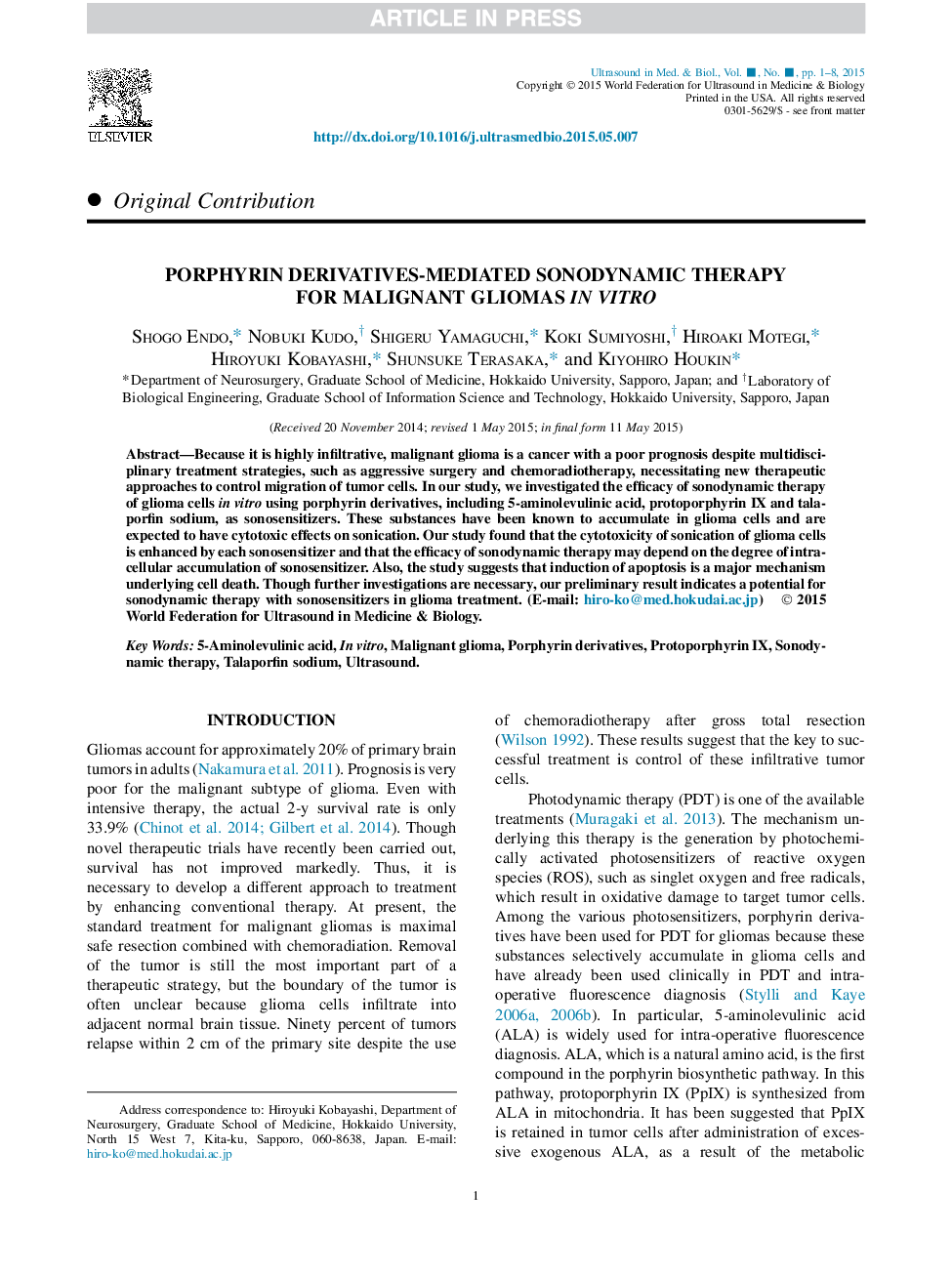 Porphyrin Derivatives-Mediated Sonodynamic Therapy forÂ Malignant Gliomas InÂ Vitro