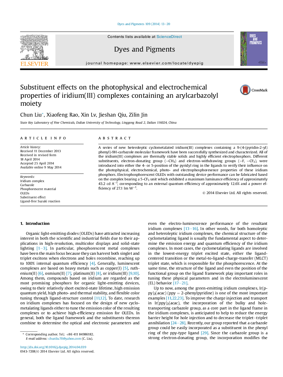 Substituent effects on the photophysical and electrochemical properties of iridium(III) complexes containing an arylcarbazolyl moiety