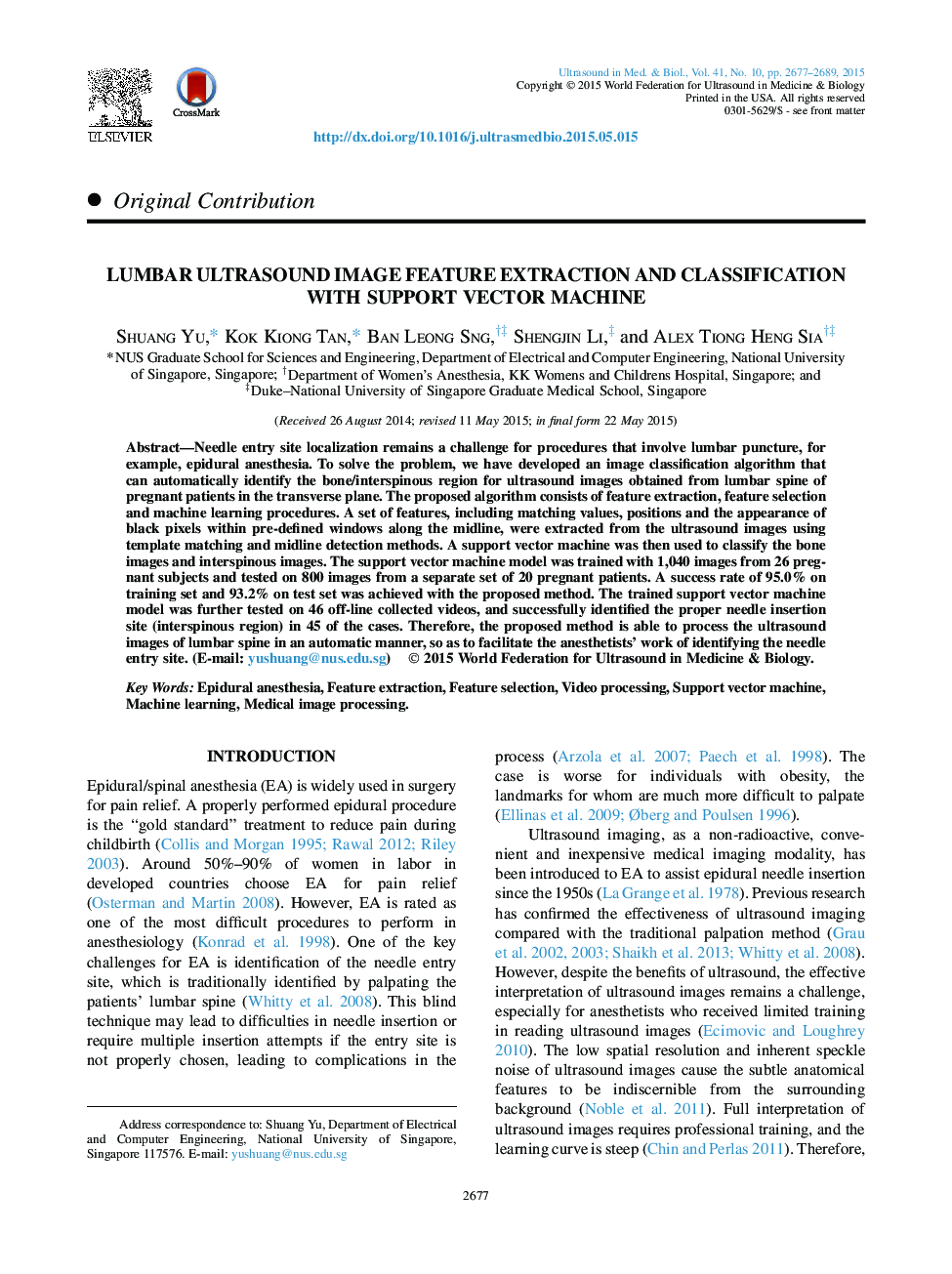 Lumbar Ultrasound Image Feature Extraction and Classification with Support Vector Machine