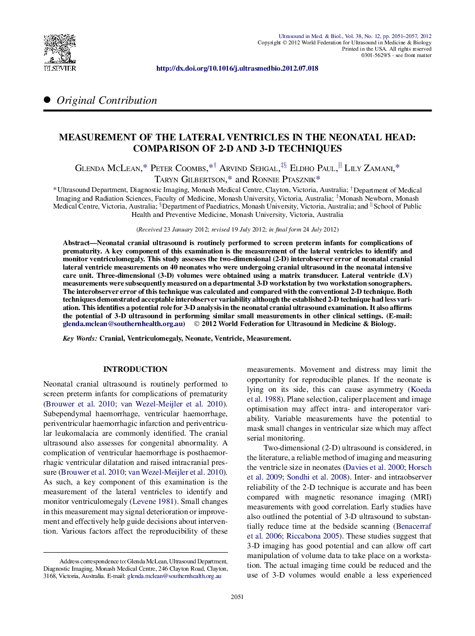 Measurement of the Lateral Ventricles in the Neonatal Head: Comparison of 2-D and 3-D Techniques