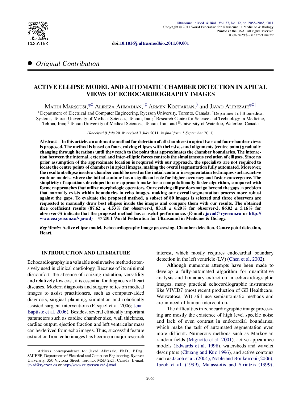 Active Ellipse Model and Automatic Chamber Detection in Apical Views of Echocardiography Images