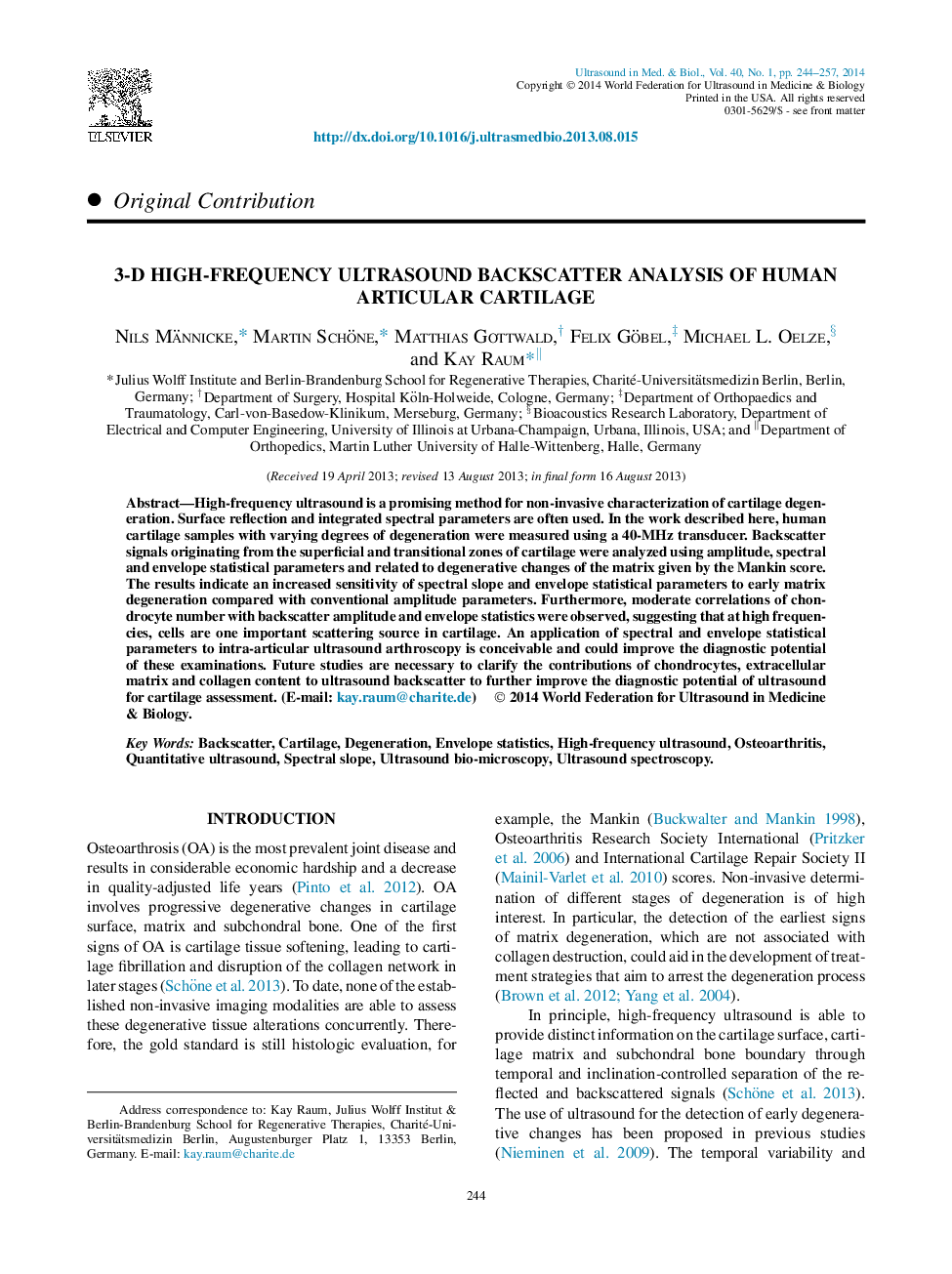 3-D High-Frequency Ultrasound Backscatter Analysis of Human Articular Cartilage