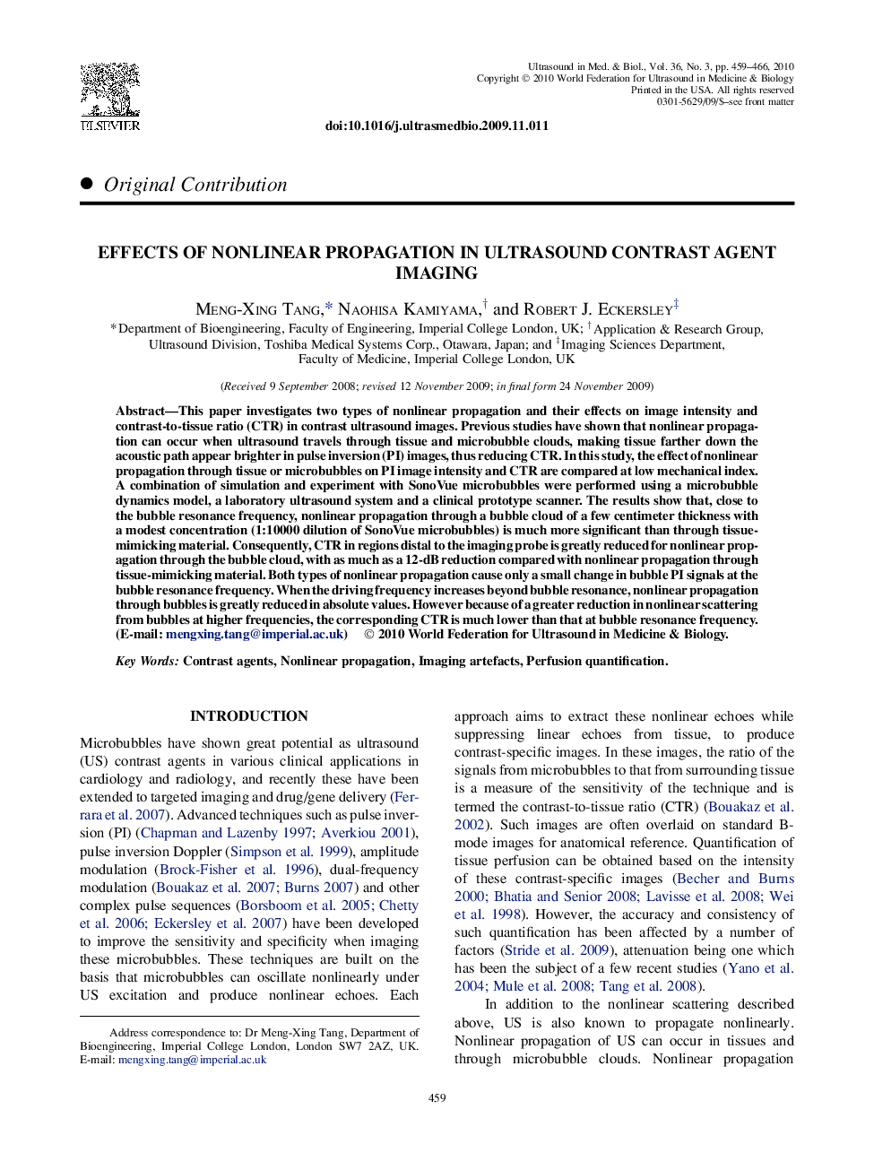 Effects of Nonlinear Propagation in Ultrasound Contrast Agent Imaging