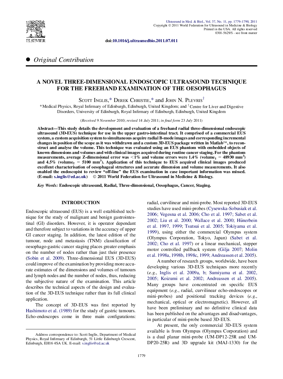 A Novel Three-Dimensional Endoscopic Ultrasound Technique for the Freehand Examination of the Oesophagus