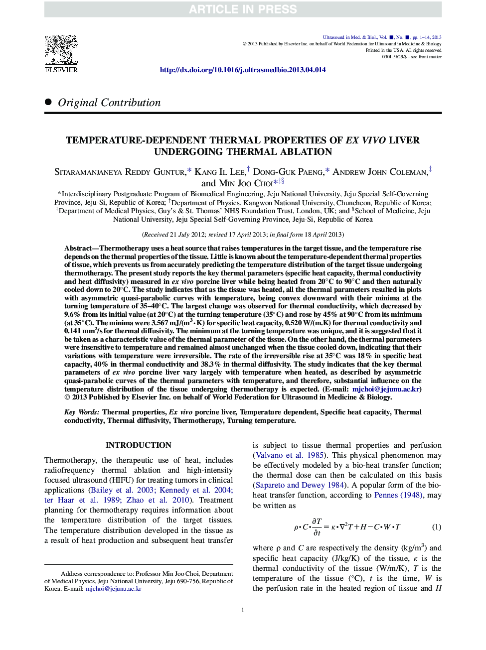 Temperature-Dependent Thermal Properties of exÂ Vivo Liver Undergoing Thermal Ablation