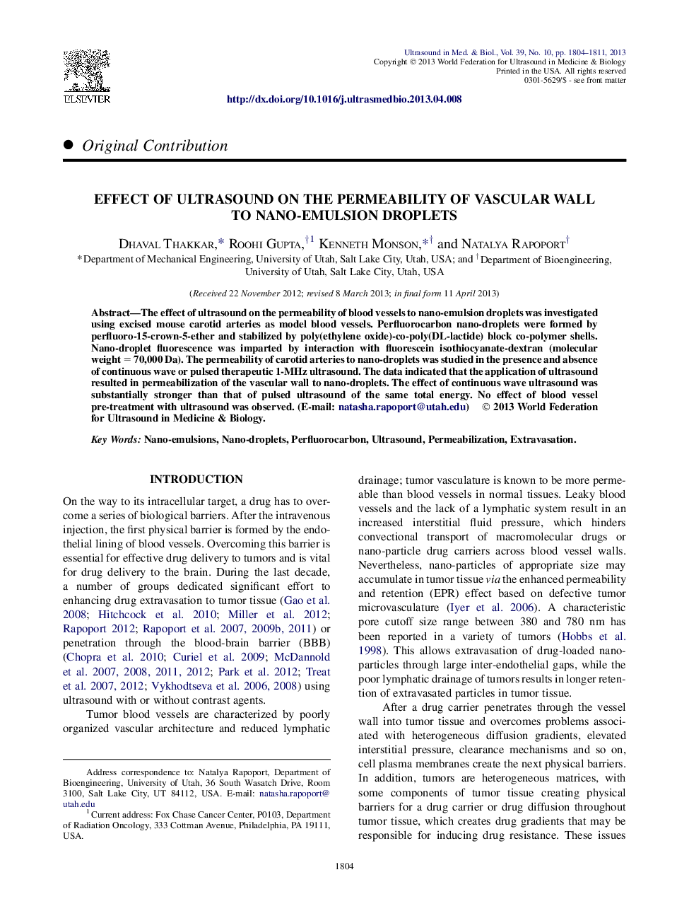 Effect of Ultrasound on the Permeability of Vascular Wall to Nano-emulsion Droplets