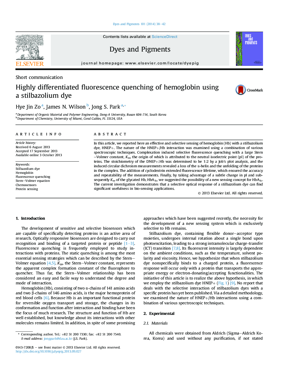 Highly differentiated fluorescence quenching of hemoglobin using a stilbazolium dye