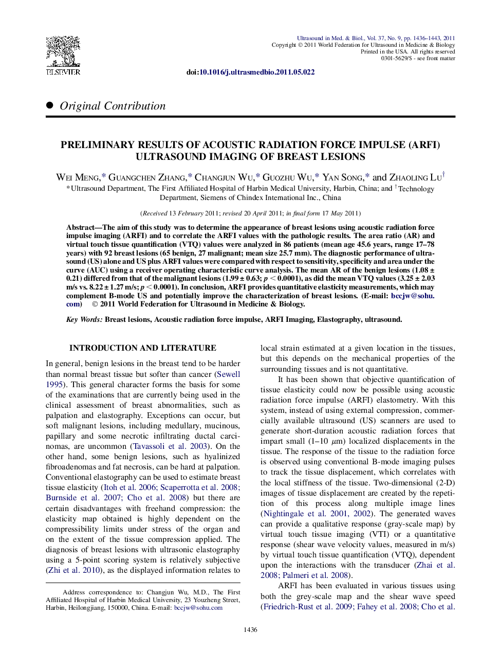 Preliminary Results of Acoustic Radiation Force Impulse (ARFI) Ultrasound Imaging of Breast Lesions