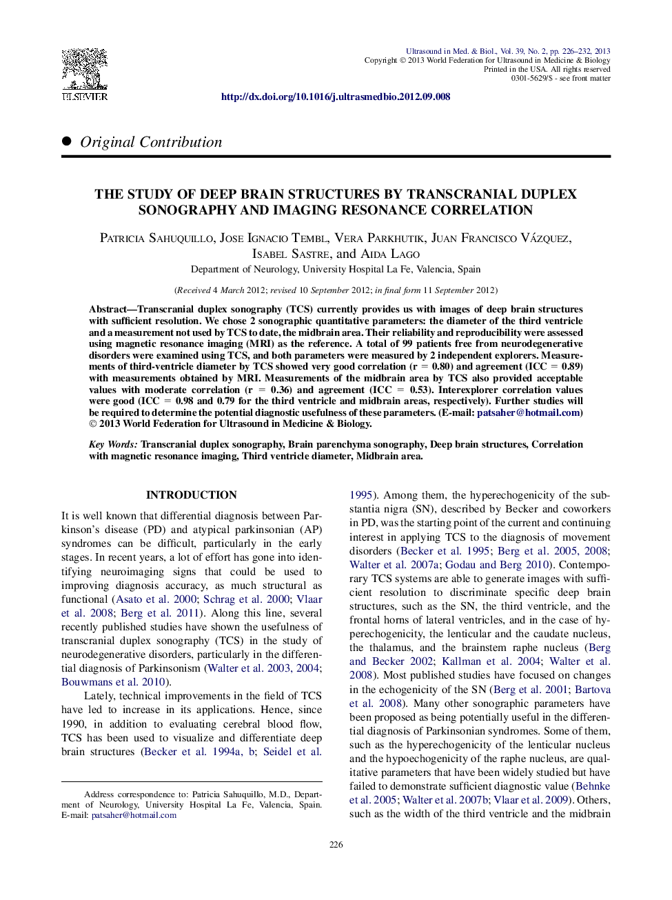 The Study of Deep Brain Structures by Transcranial Duplex Sonography and Imaging Resonance Correlation