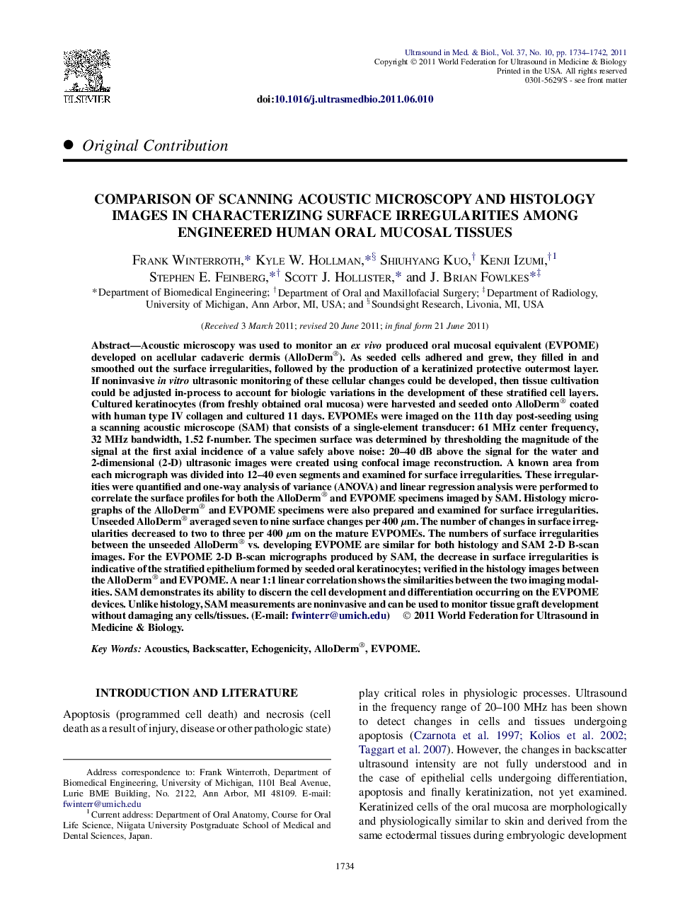 Comparison of Scanning Acoustic Microscopy and Histology Images in Characterizing Surface Irregularities Among Engineered Human Oral Mucosal Tissues