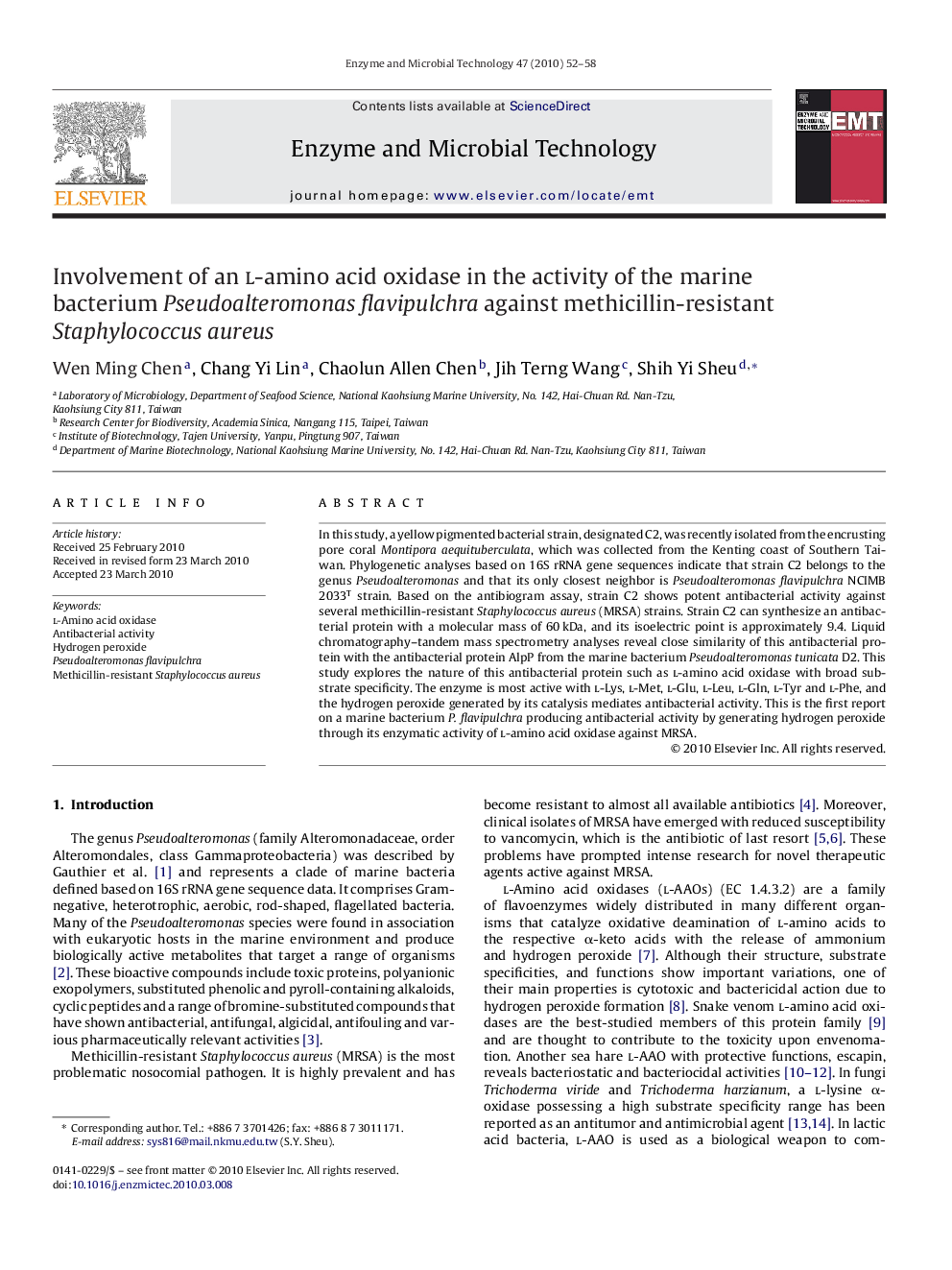 Involvement of an l-amino acid oxidase in the activity of the marine bacterium Pseudoalteromonas flavipulchra against methicillin-resistant Staphylococcus aureus