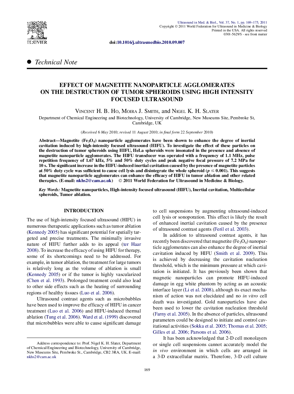 Effect of Magnetite Nanoparticle Agglomerates on the Destruction of Tumor Spheroids Using High Intensity Focused Ultrasound