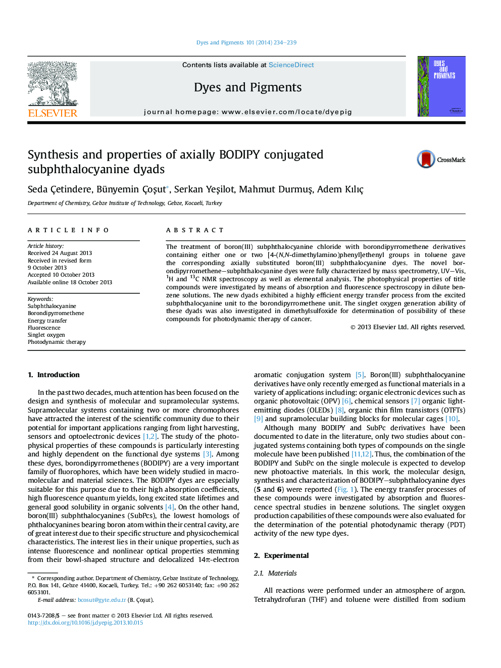 Synthesis and properties of axially BODIPY conjugated subphthalocyanine dyads