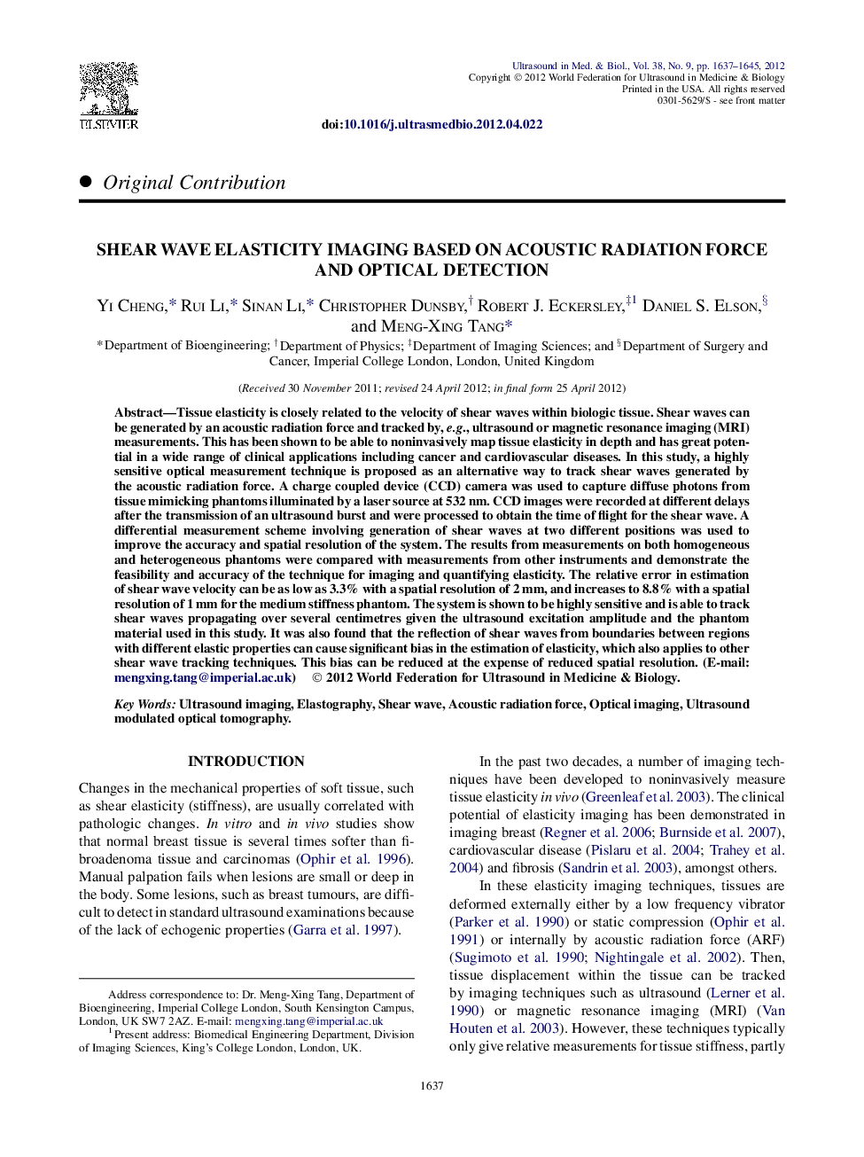 Shear Wave Elasticity Imaging Based on Acoustic Radiation Force and Optical Detection