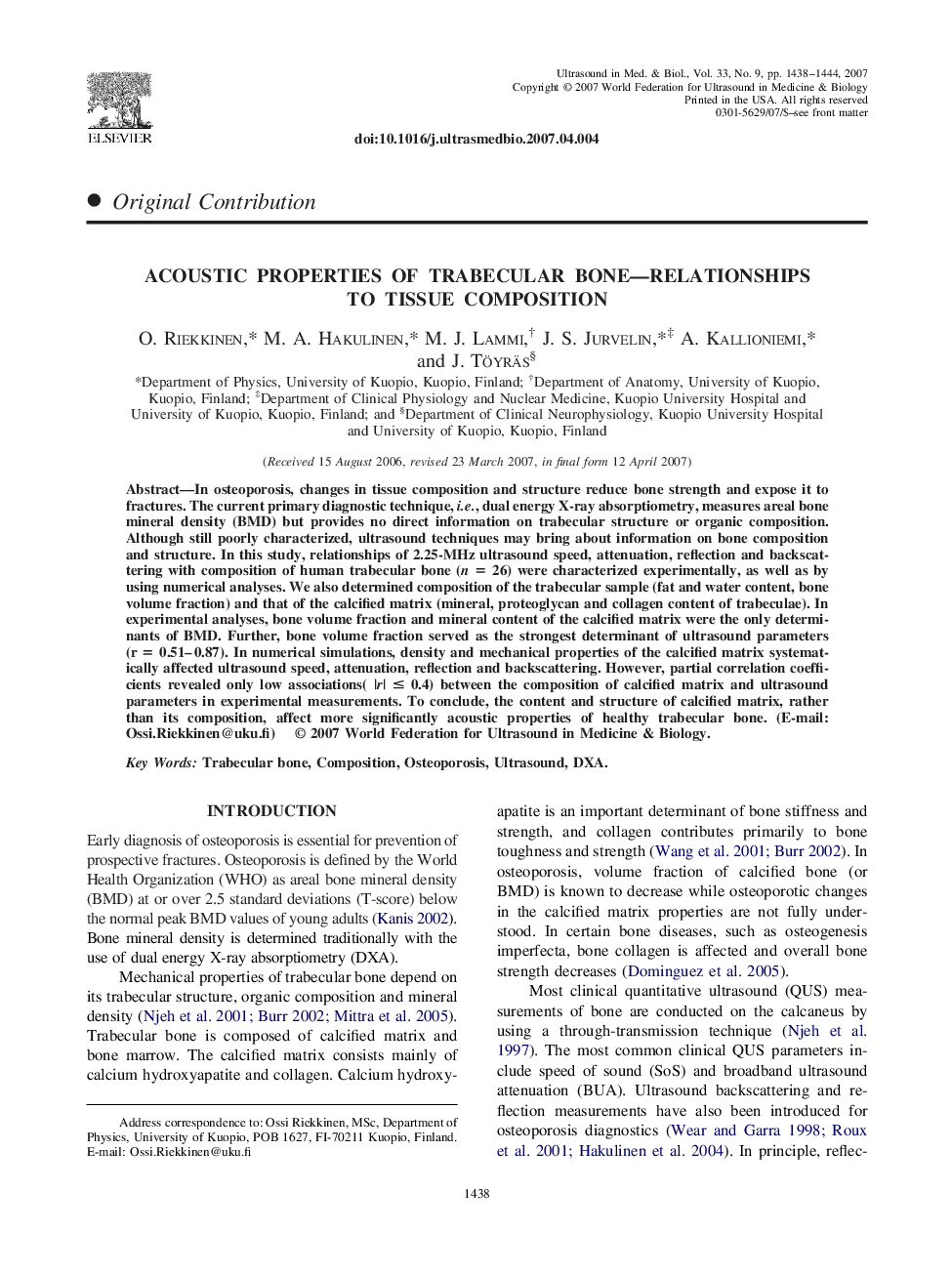 Acoustic Properties of Trabecular Bone-Relationships to Tissue Composition