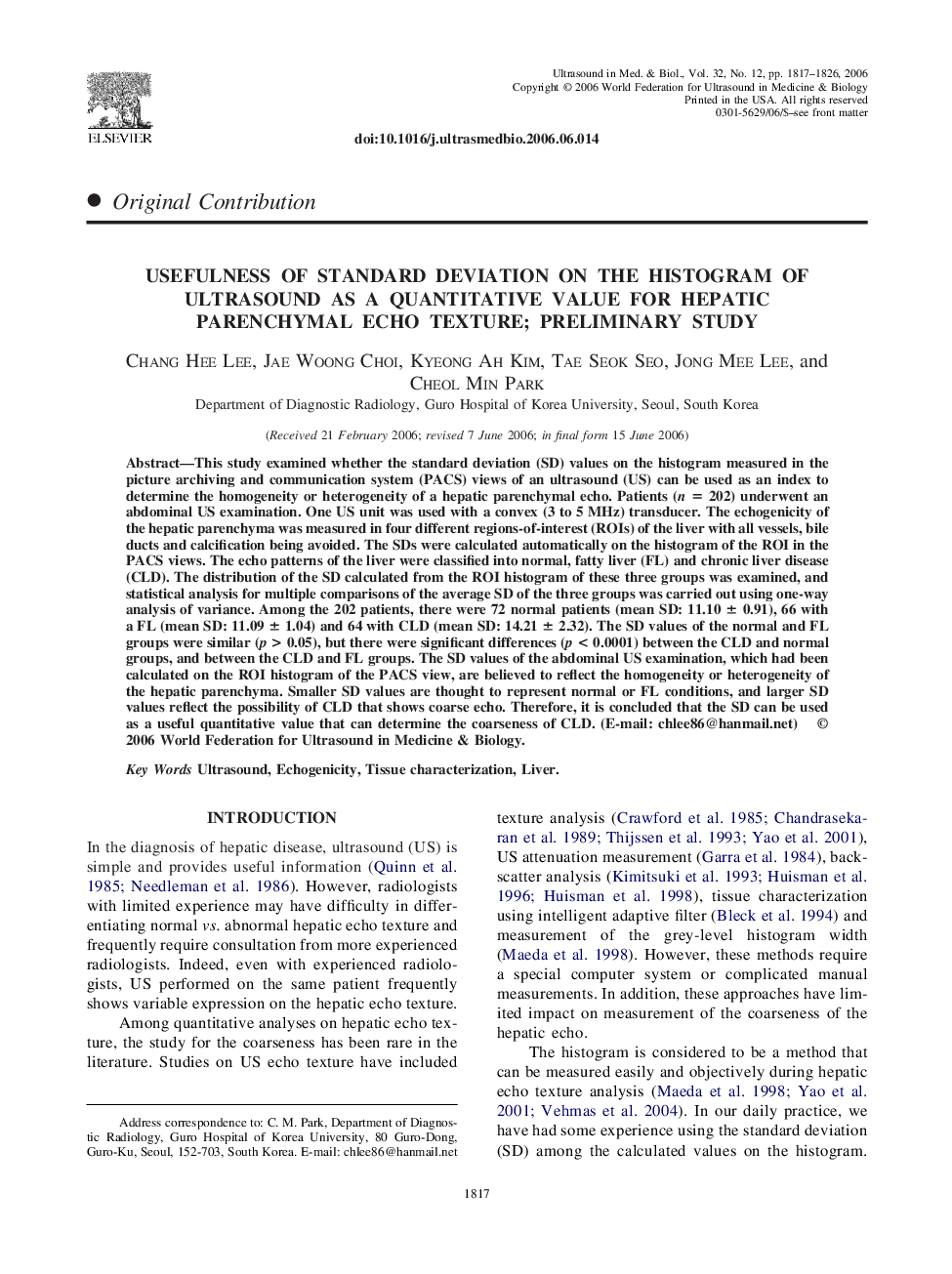 Usefulness of standard deviation on the histogram of ultrasound as a quantitative value for hepatic parenchymal echo texture; preliminary study