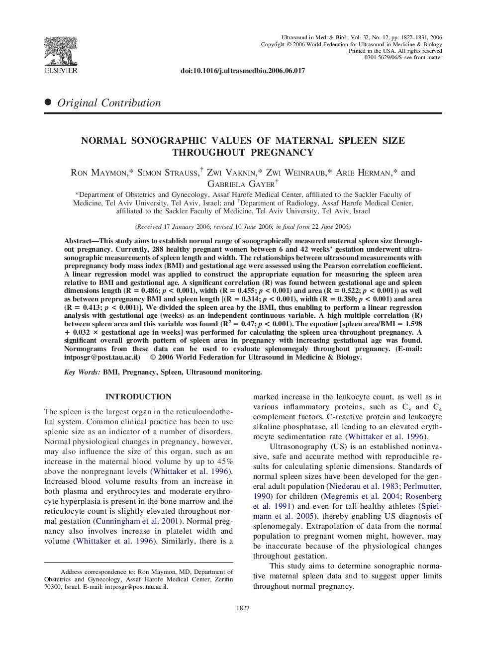 Normal sonographic values of maternal spleen size throughout pregnancy