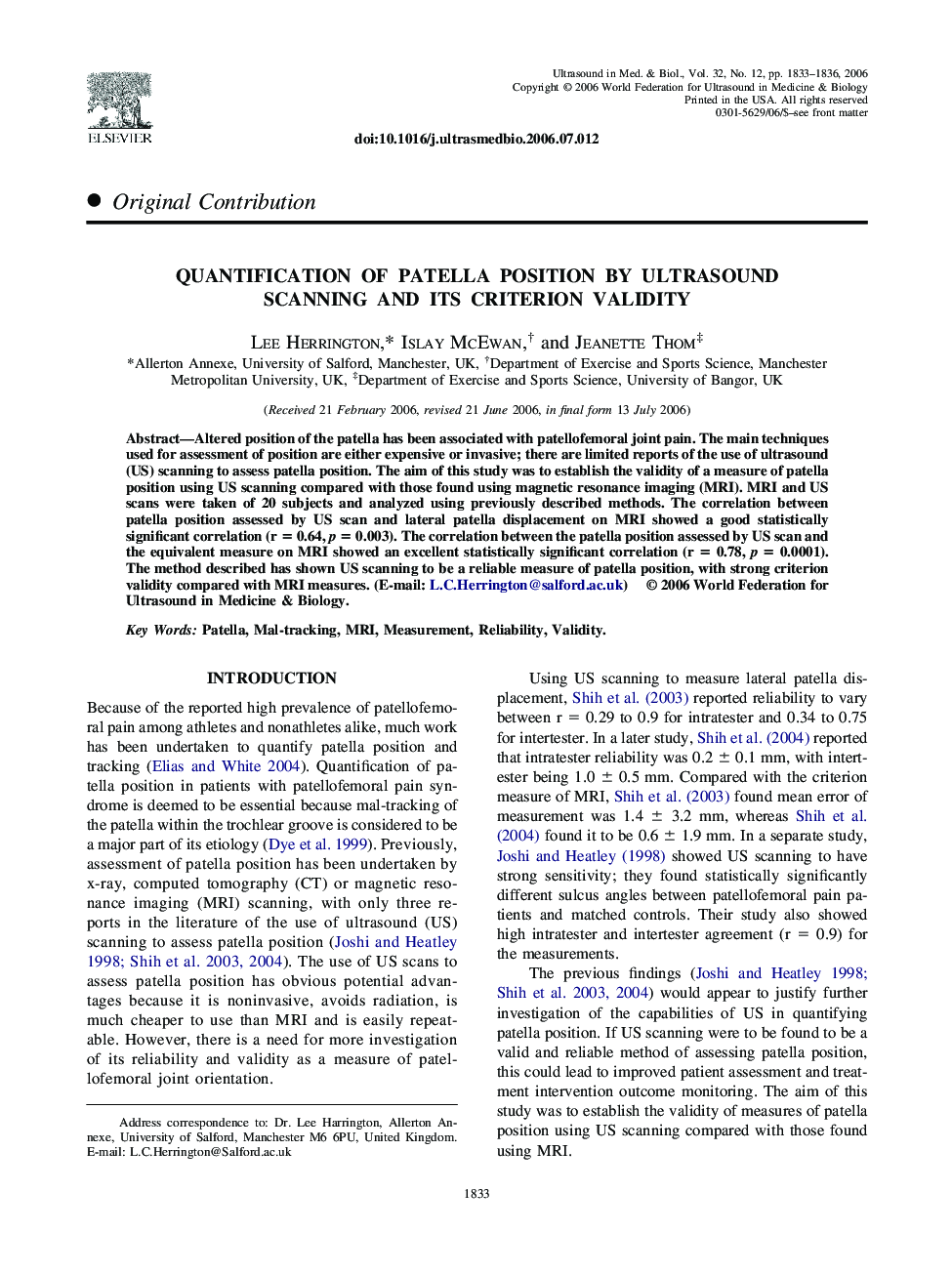 Quantification of patella position by ultrasound scanning and its criterion validity