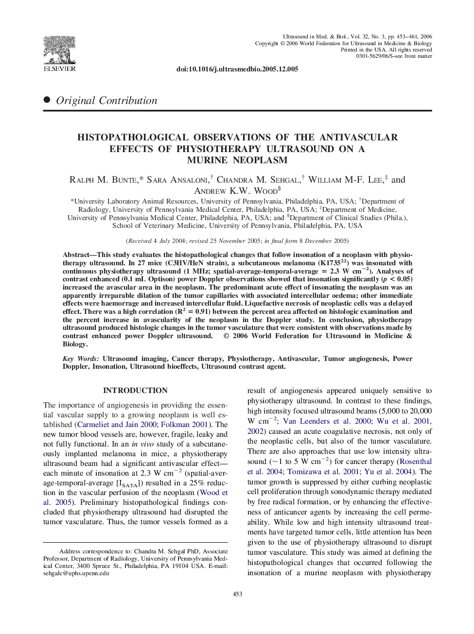 Histopathological observations of the antivascular effects of physiotherapy ultrasound on a murine neoplasm