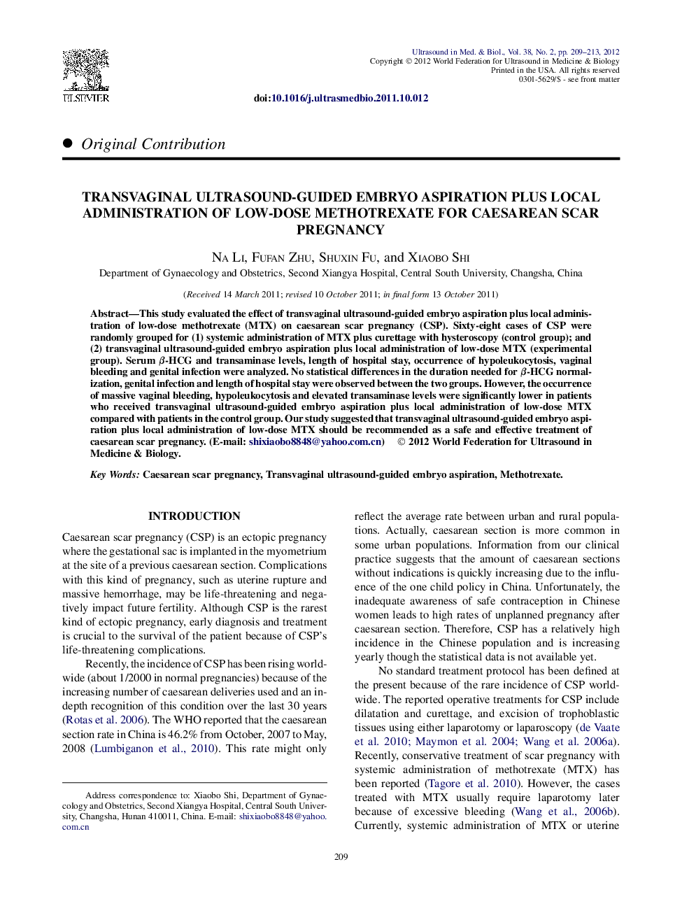 Transvaginal Ultrasound-Guided Embryo Aspiration Plus Local Administration of Low-Dose Methotrexate for Caesarean Scar Pregnancy