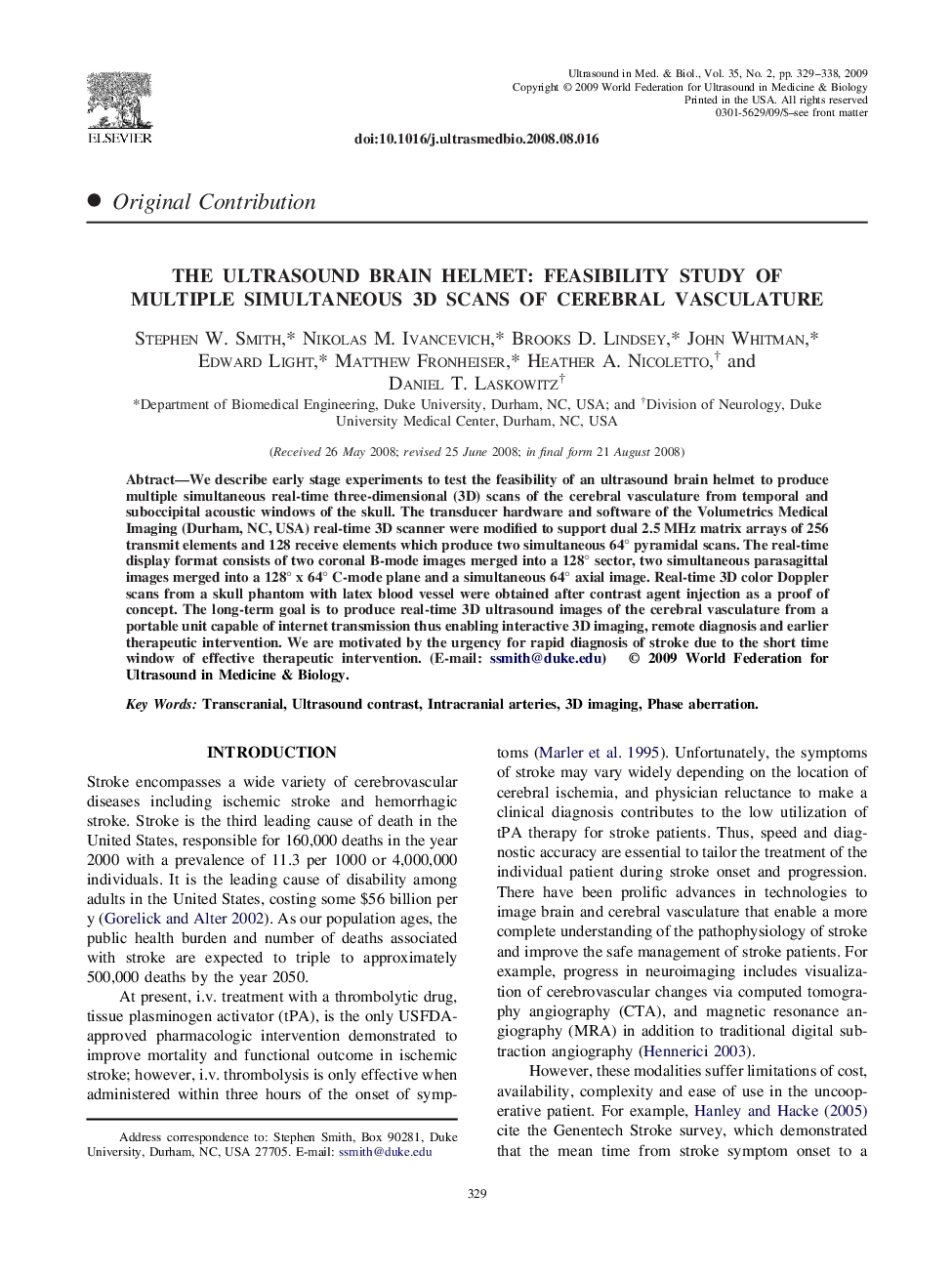 The Ultrasound Brain Helmet: Feasibility Study of Multiple Simultaneous 3D Scans of Cerebral Vasculature