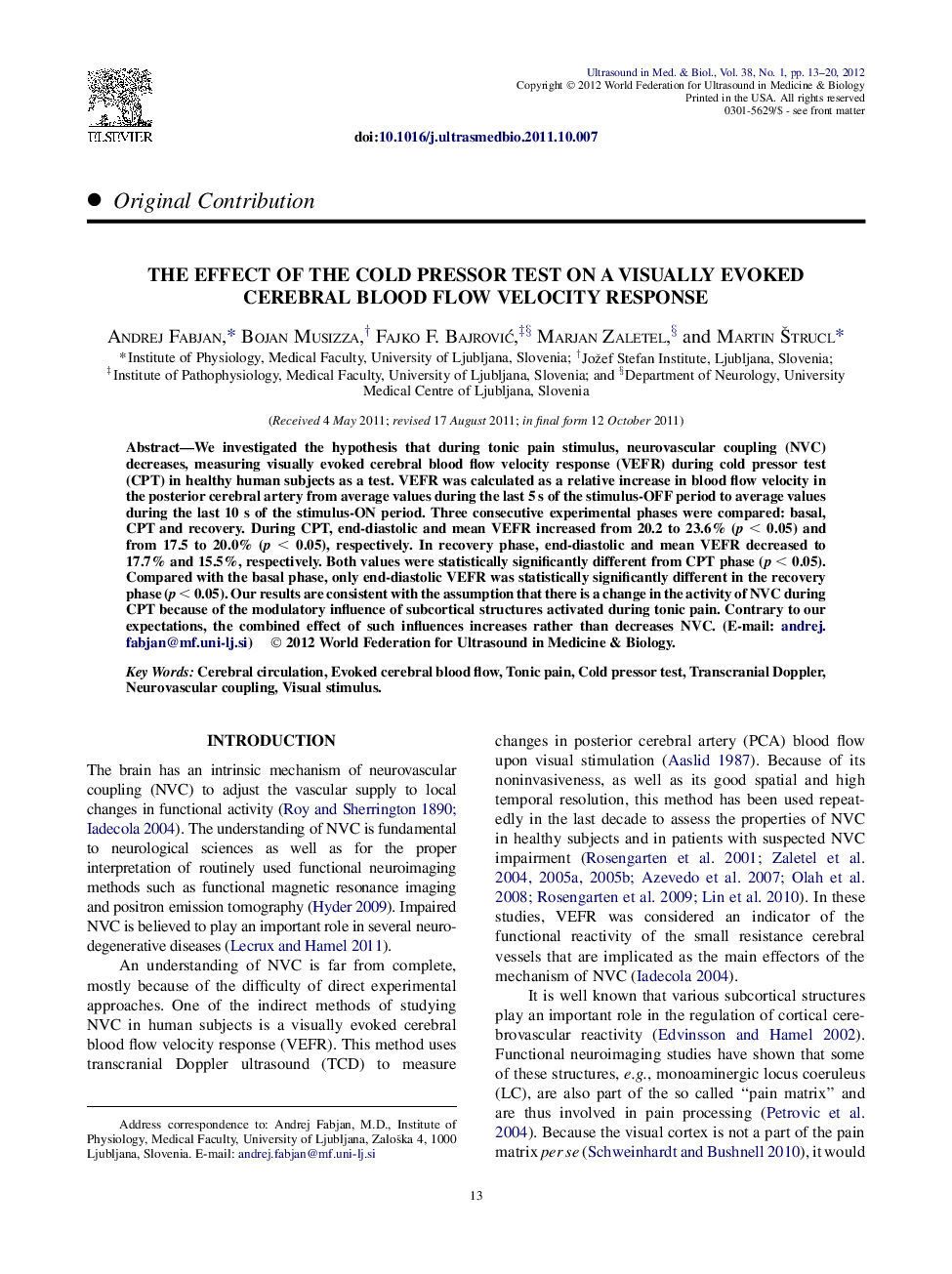 The Effect of the Cold Pressor Test on a Visually Evoked Cerebral Blood Flow Velocity Response