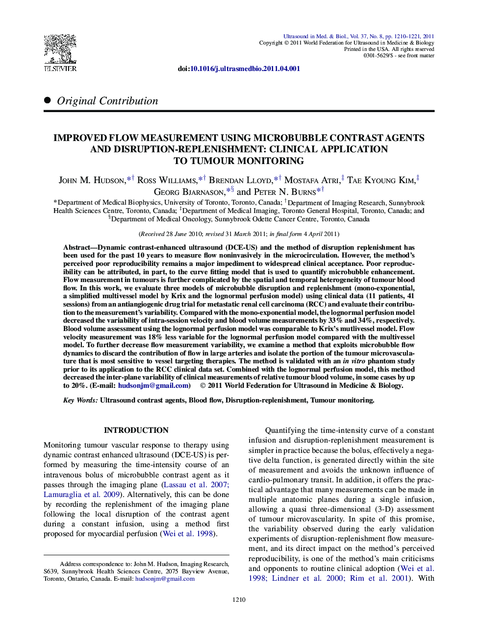 Improved Flow Measurement Using Microbubble Contrast Agents and Disruption-Replenishment: Clinical Application to Tumour Monitoring