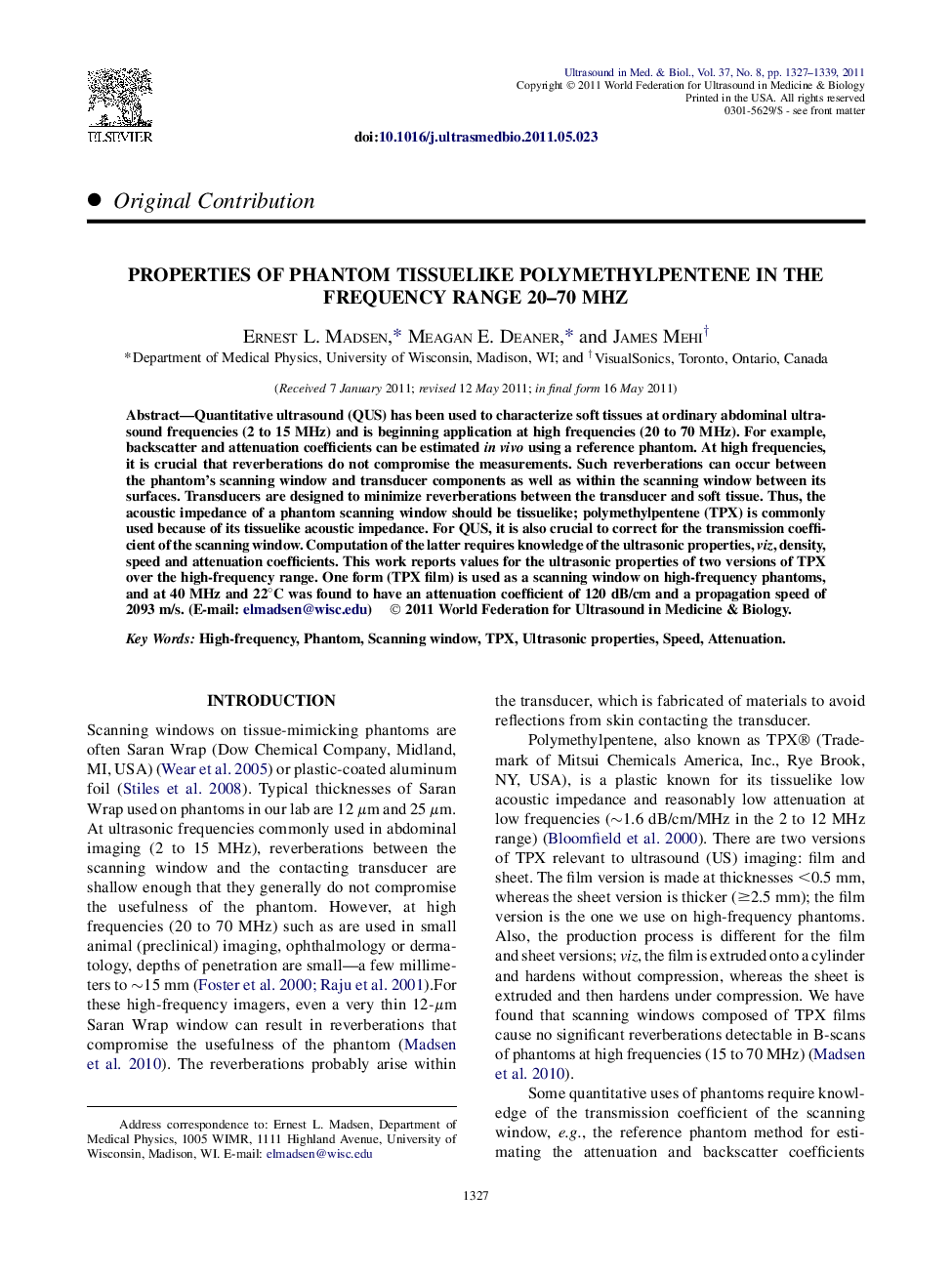 Properties of Phantom Tissuelike Polymethylpentene in the Frequency Range 20-70 MHZ