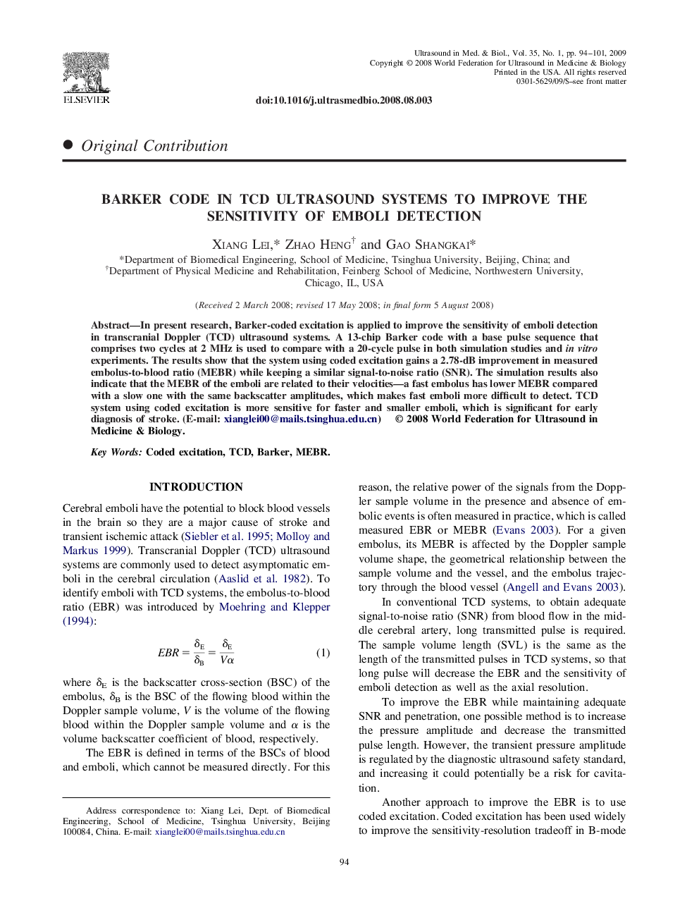 Barker Code in TCD Ultrasound Systems to Improve the Sensitivity of Emboli Detection