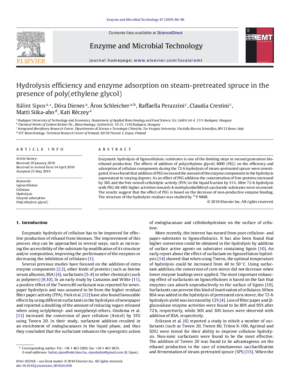 Hydrolysis efficiency and enzyme adsorption on steam-pretreated spruce in the presence of poly(ethylene glycol)