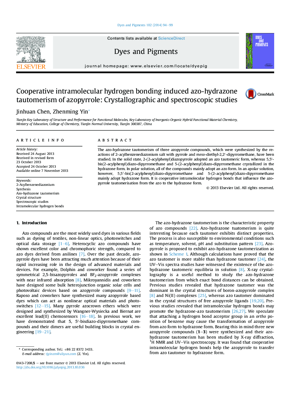 پیوند هیدروژنی درون مولکولی تعاونی باعث ایجاد تودومریزی آزوپریلو آزو هیدرازن می شود: مطالعات کریستالوگرافی و اسپکتروسکوپی 