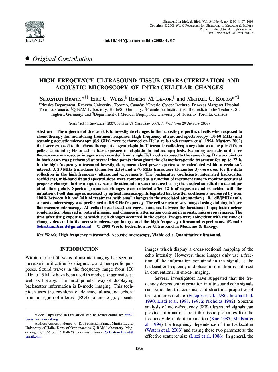 High Frequency Ultrasound Tissue Characterization and Acoustic Microscopy of Intracellular Changes