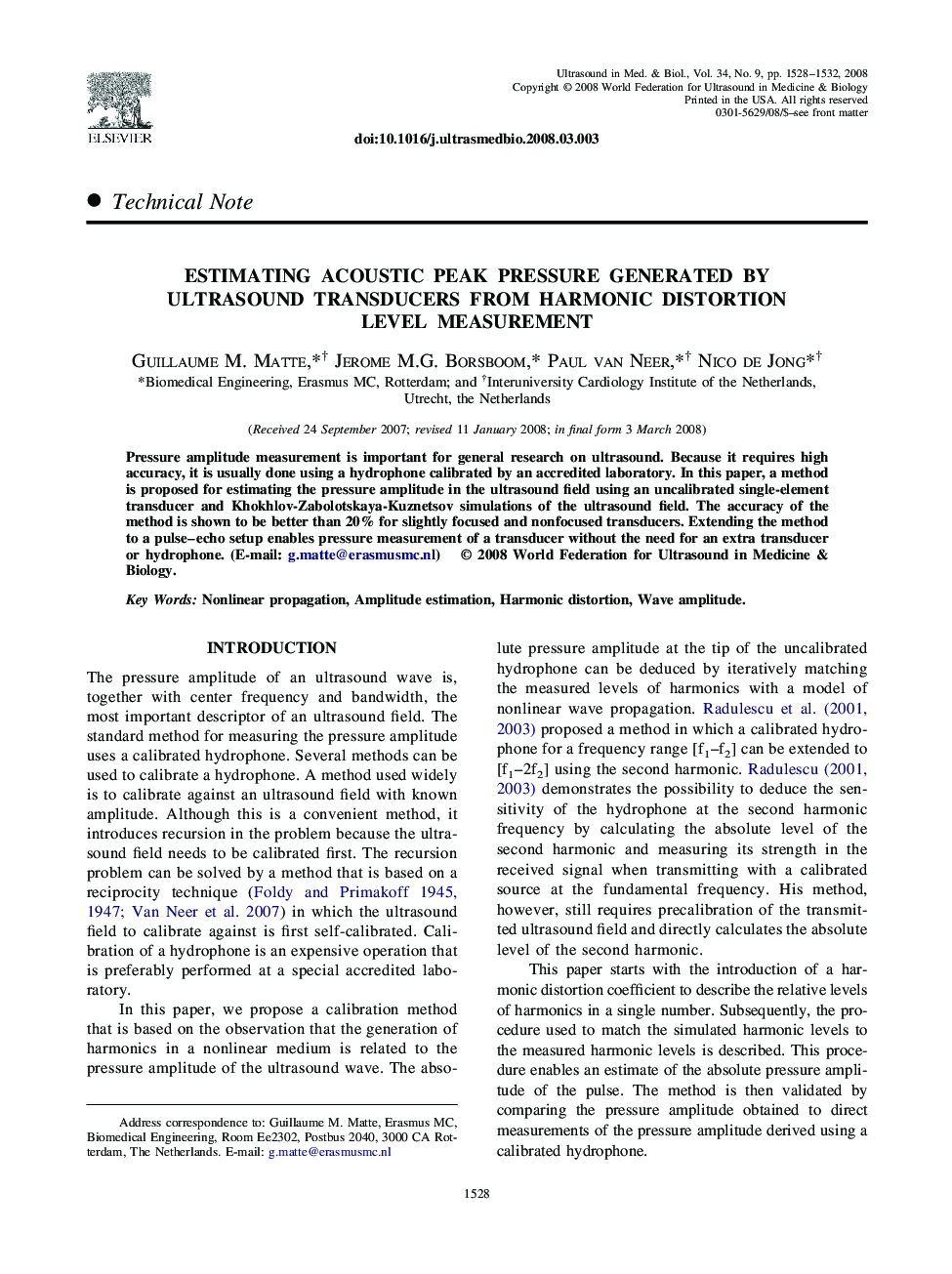 Estimating Acoustic Peak Pressure Generated by Ultrasound Transducers from Harmonic Distortion Level Measurement