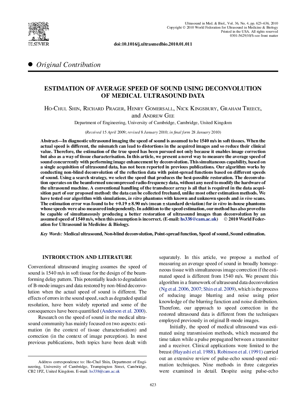 Estimation of Average Speed of Sound Using Deconvolution of Medical Ultrasound Data