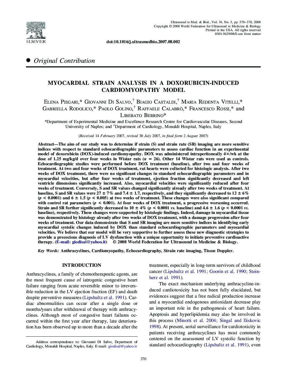 Myocardial Strain Analysis in a Doxorubicin-Induced Cardiomyopathy Model