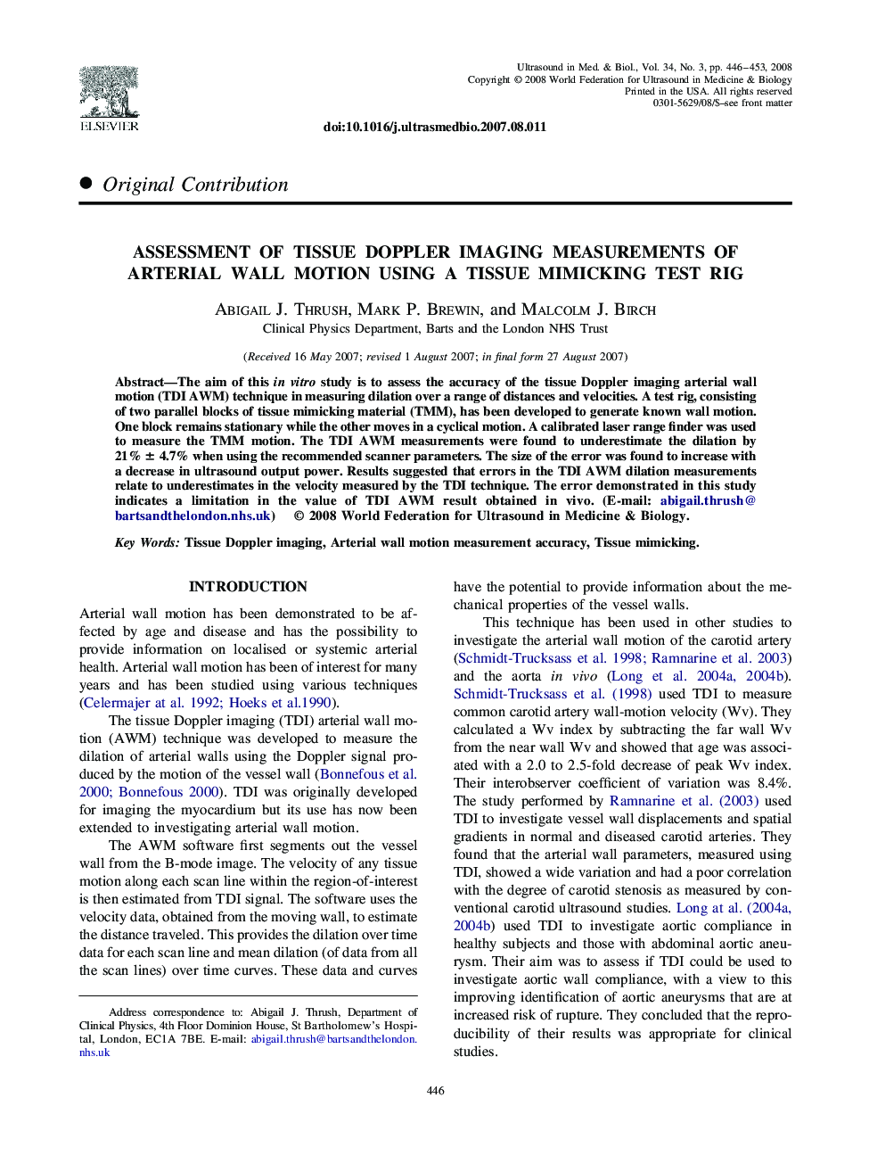 Assessment of Tissue Doppler Imaging Measurements of Arterial Wall Motion Using a Tissue Mimicking Test Rig