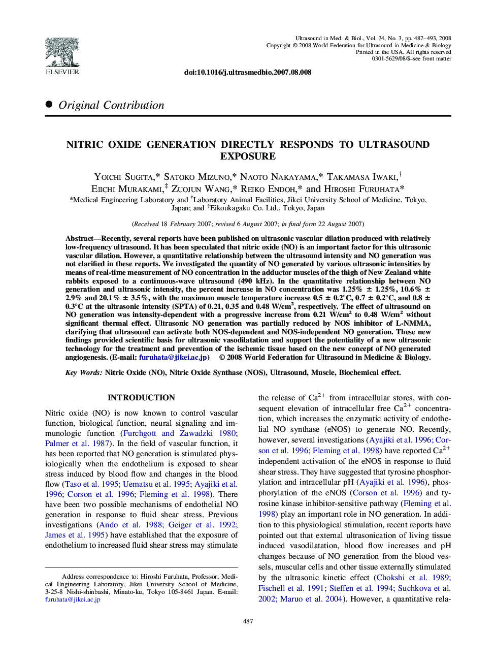 Nitric Oxide Generation Directly Responds to Ultrasound Exposure