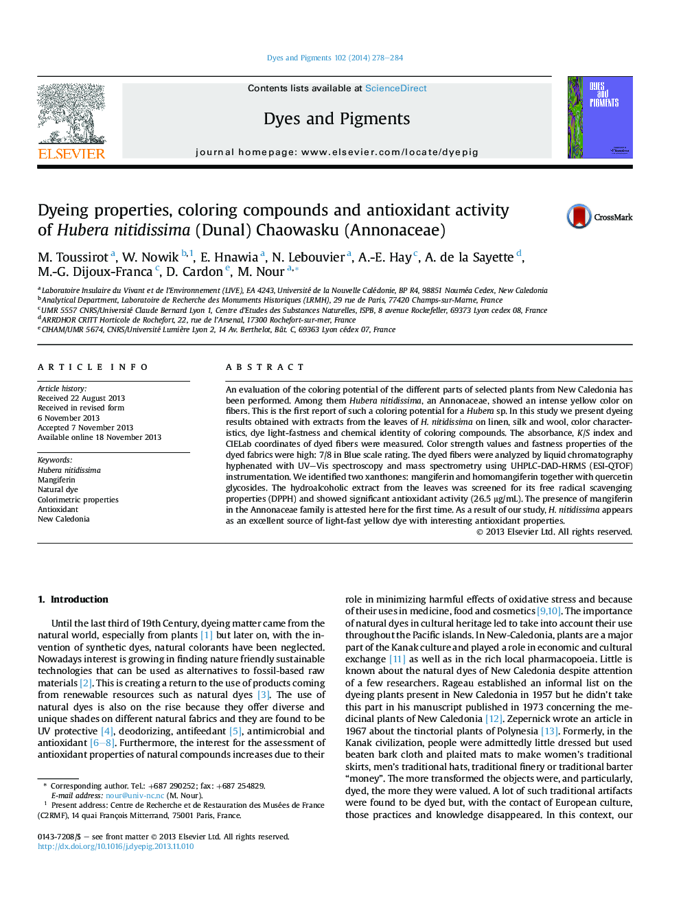 Dyeing properties, coloring compounds and antioxidant activity of Hubera nitidissima (Dunal) Chaowasku (Annonaceae)