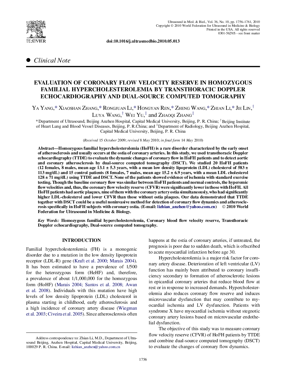 Evaluation of Coronary Flow Velocity Reserve in Homozygous Familial Hypercholesterolemia by Transthoracic Doppler Echocardiography and Dual-Source Computed Tomography