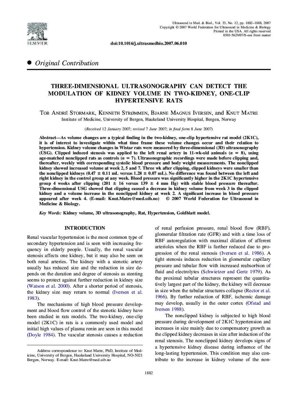 Three-Dimensional Ultrasonography can Detect the Modulation of Kidney Volume in Two-Kidney, One-Clip Hypertensive Rats