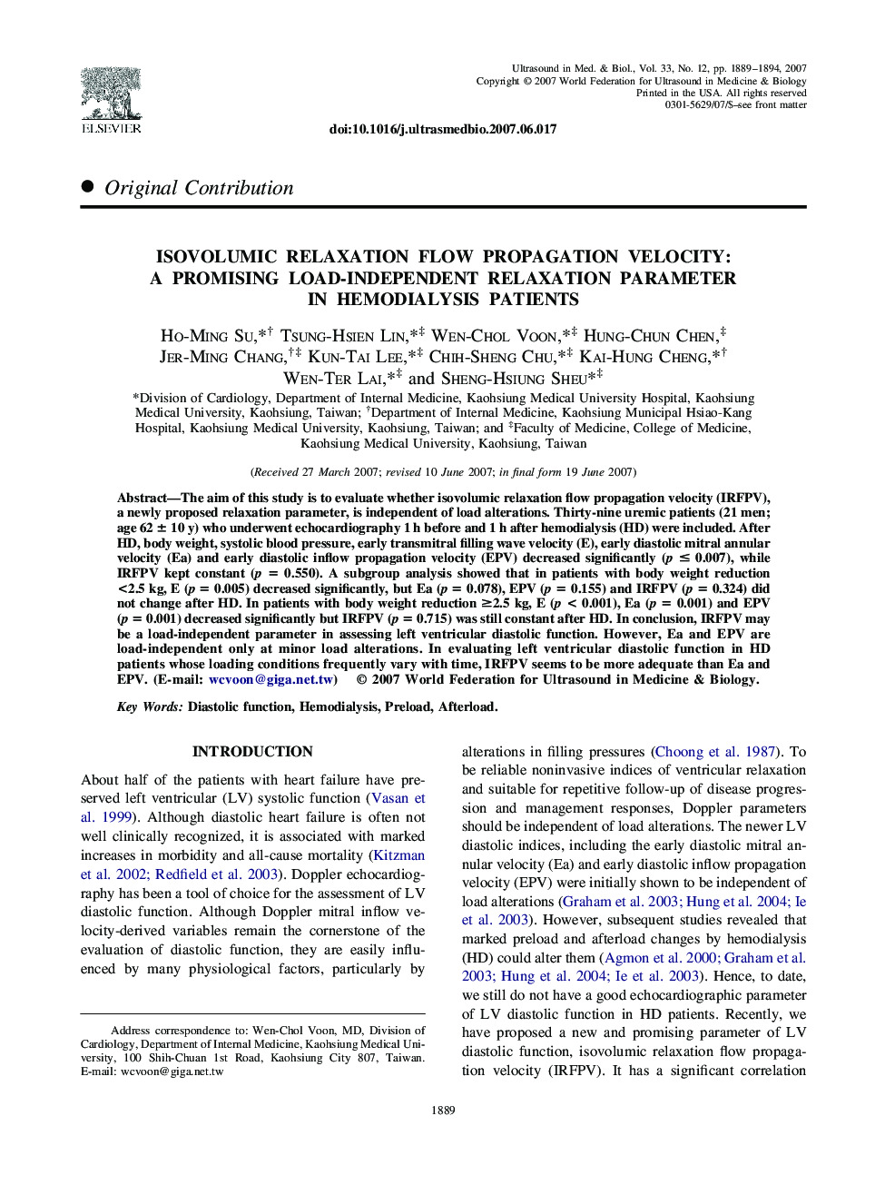 Isovolumic Relaxation Flow Propagation Velocity: A Promising Load-Independent Relaxation Parameter in Hemodialysis Patients