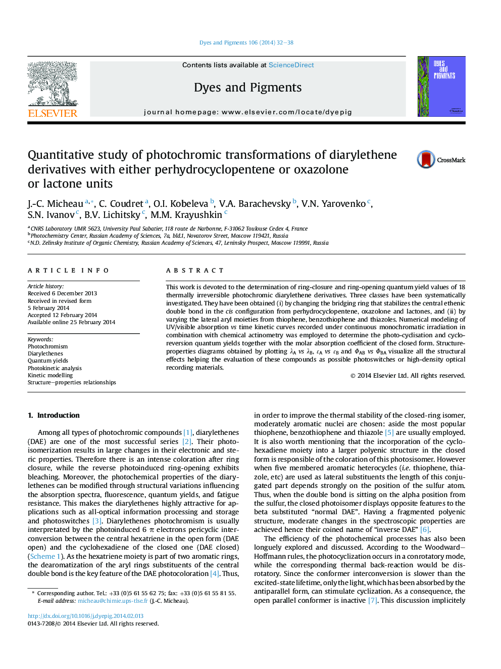 Quantitative study of photochromic transformations of diarylethene derivatives with either perhydrocyclopentene or oxazolone or lactone units