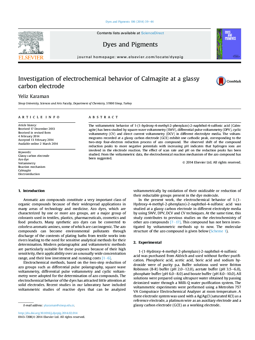 Investigation of electrochemical behavior of Calmagite at a glassy carbon electrode