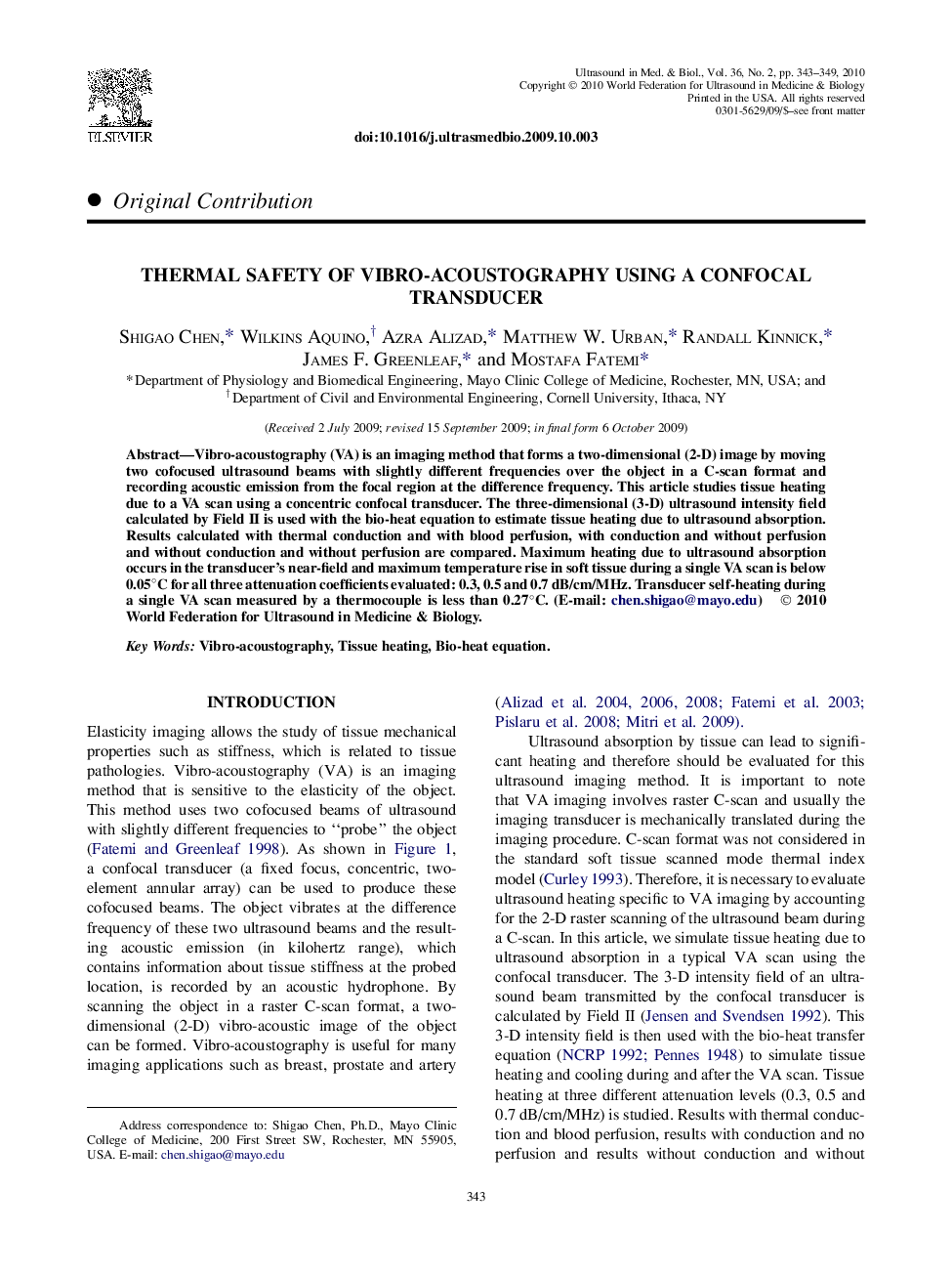 Thermal Safety of Vibro-Acoustography Using a Confocal Transducer