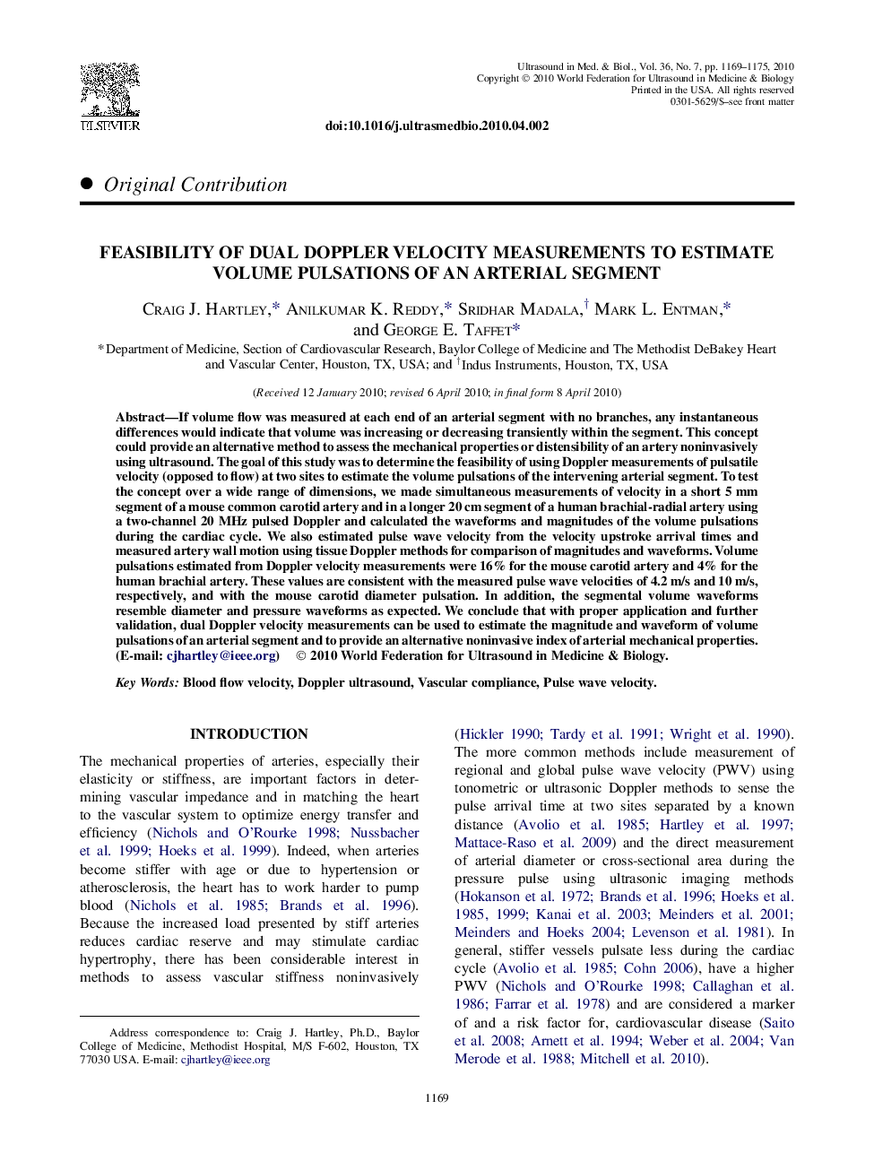 Feasibility of Dual Doppler Velocity Measurements to Estimate Volume Pulsations of an Arterial Segment