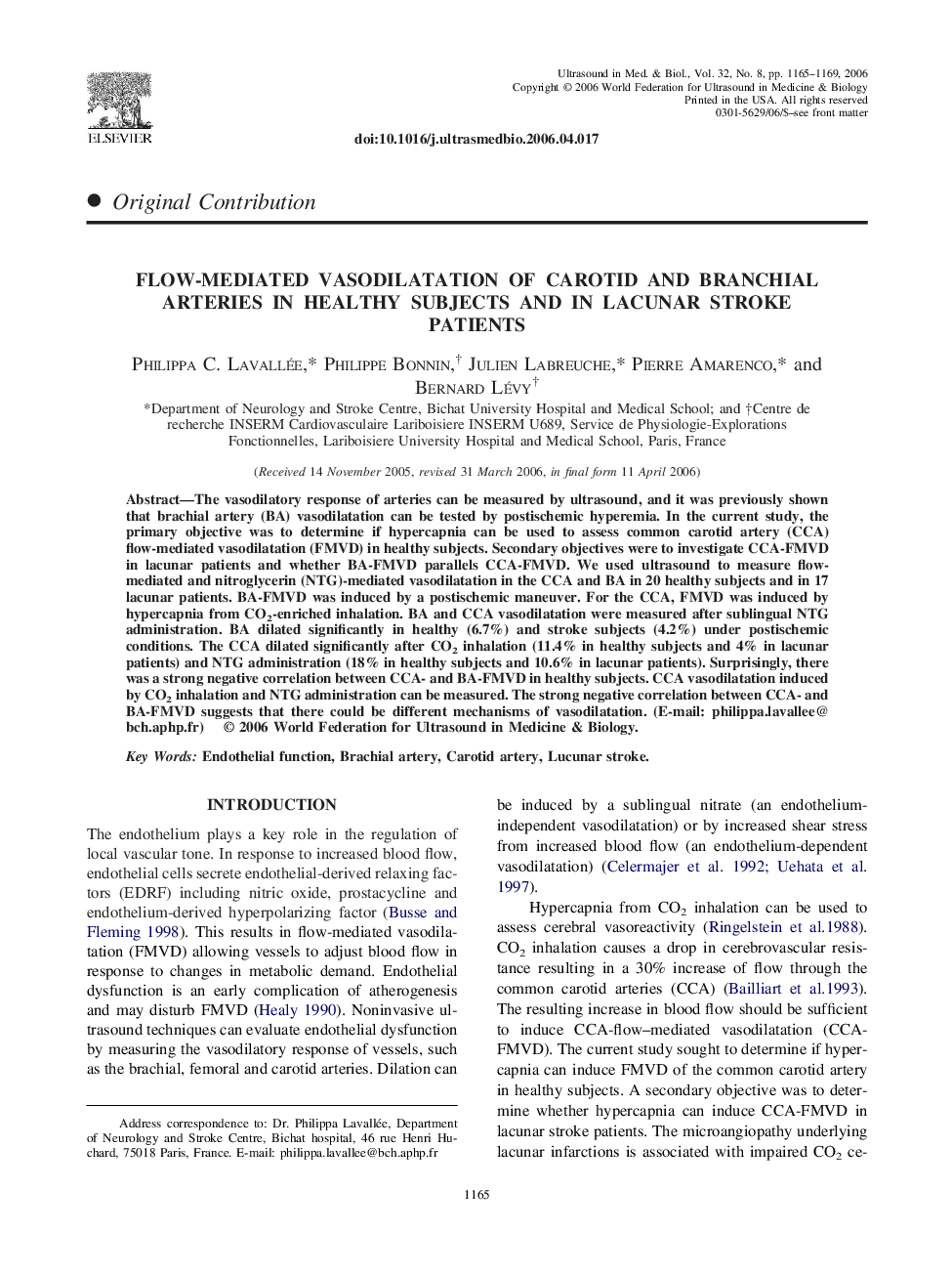 Flow-mediated vasodilatation of carotid and branchial arteries in healthy subjects and in lacunar stroke patients