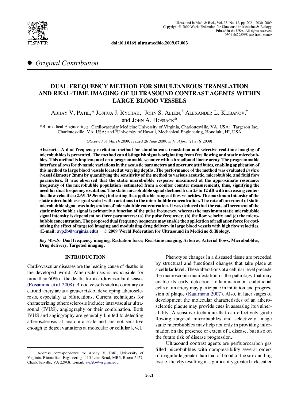 Dual Frequency Method for Simultaneous Translation and Real-Time Imaging of Ultrasound Contrast Agents Within Large Blood Vessels