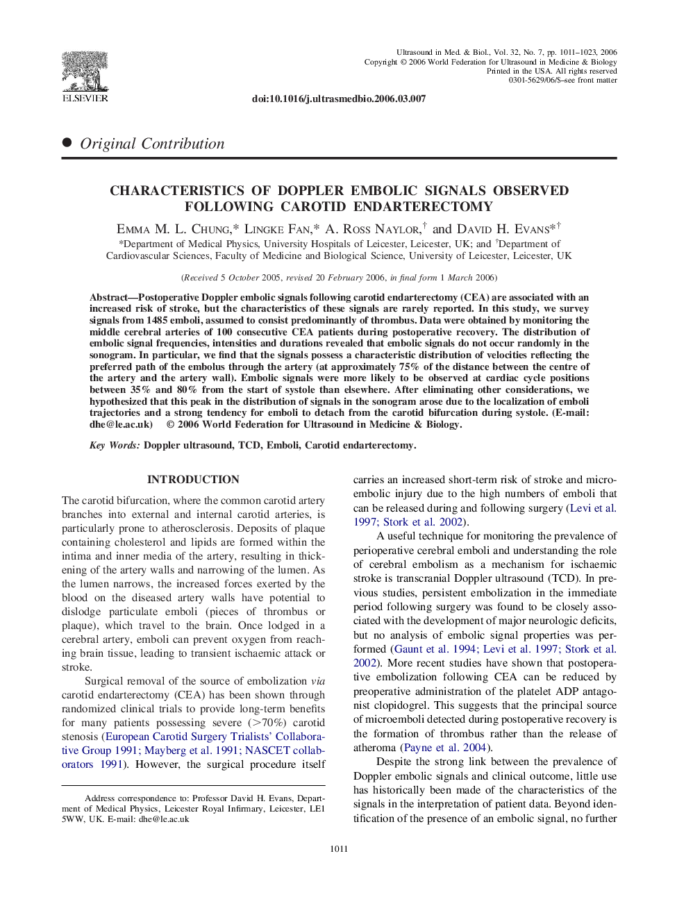 Characteristics of Doppler embolic signals observed following carotid endarterectomy